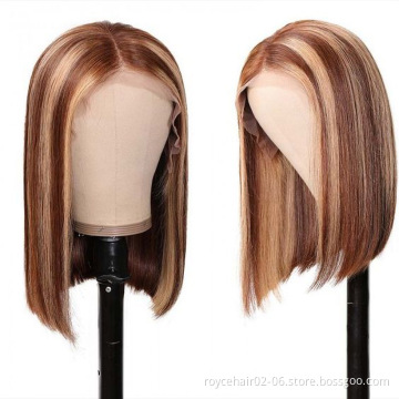 Wholesale Peruvian Virgin Human Hair Bob Wig Highlight Brown P4/30 Colored T Part Lace Front Wig
